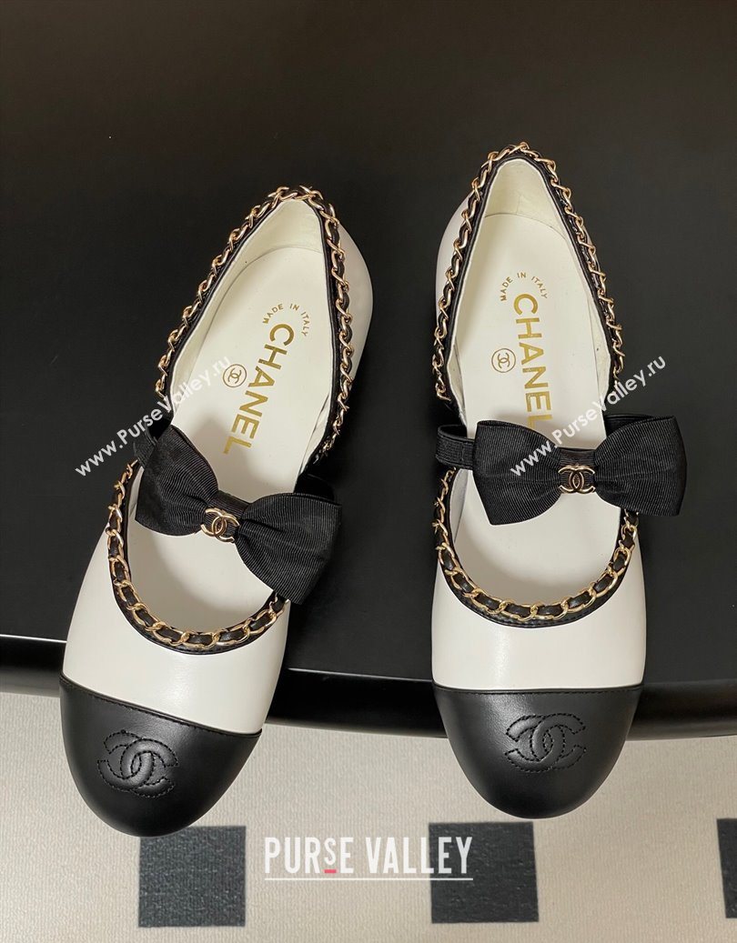 Chanel Lambskin Mary Janes Ballets Flat with Bow and Chain White 2025 G46701 (MD-251103054)