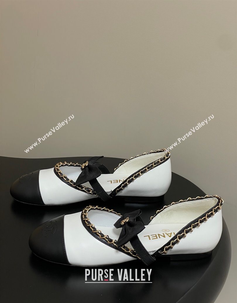 Chanel Lambskin Mary Janes Ballets Flat with Bow and Chain White 2025 G46701 (MD-251103054)
