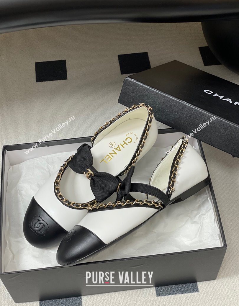 Chanel Lambskin Mary Janes Ballets Flat with Bow and Chain White 2025 G46701 (MD-251103054)