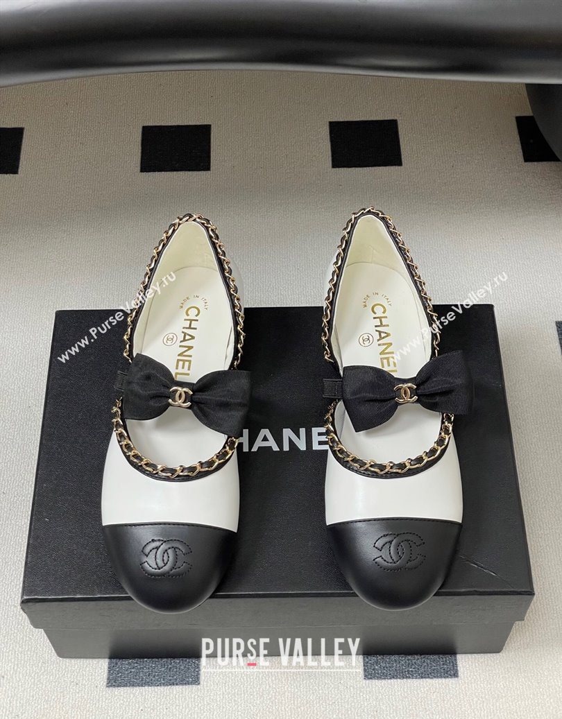 Chanel Lambskin Mary Janes Ballets Flat with Bow and Chain White 2025 G46701 (MD-251103054)