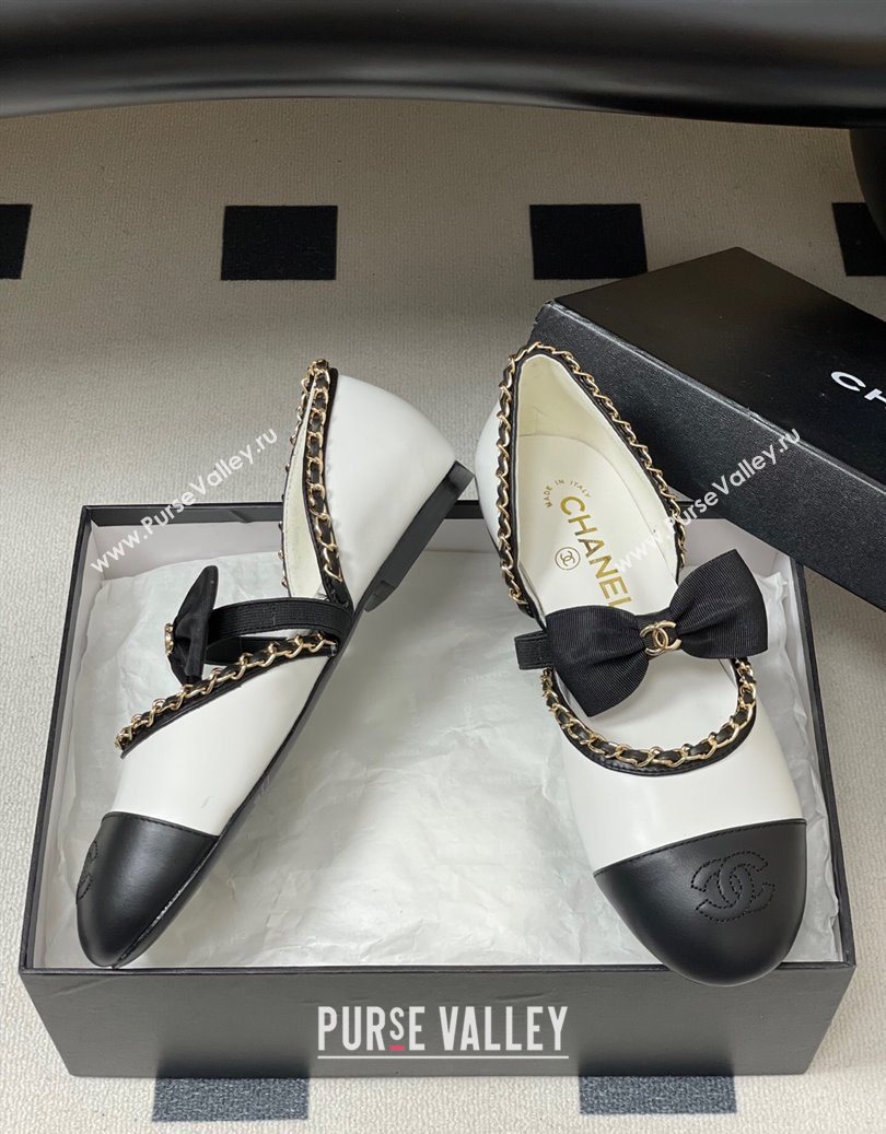 Chanel Lambskin Mary Janes Ballets Flat with Bow and Chain White 2025 G46701 (MD-251103054)