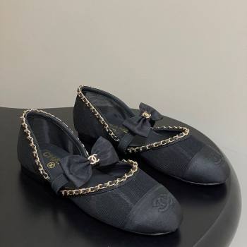 Chanel Mesh Grosgrain Mary Janes Ballets Flat with Bow and Chain Black 2025 G46701 (MD-251103055)