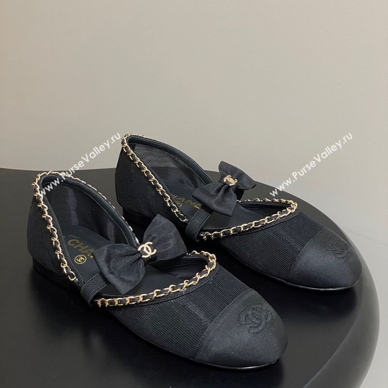 Chanel Mesh Grosgrain Mary Janes Ballets Flat with Bow and Chain Black 2025 G46701 (MD-251103055)
