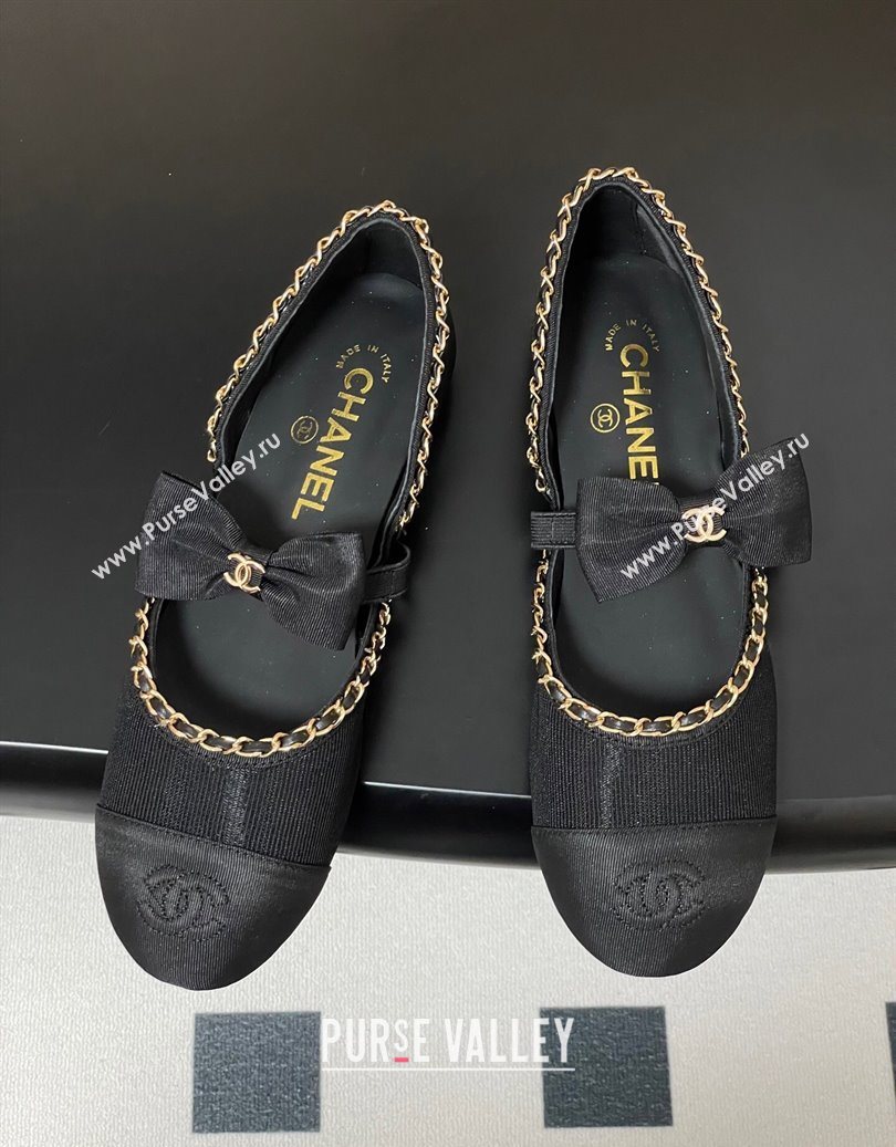 Chanel Mesh Grosgrain Mary Janes Ballets Flat with Bow and Chain Black 2025 G46701 (MD-251103055)