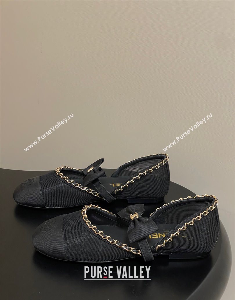 Chanel Mesh Grosgrain Mary Janes Ballets Flat with Bow and Chain Black 2025 G46701 (MD-251103055)