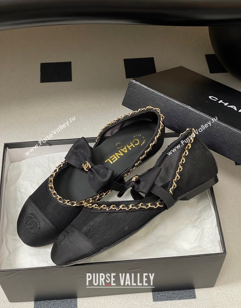 Chanel Mesh Grosgrain Mary Janes Ballets Flat with Bow and Chain Black 2025 G46701 (MD-251103055)