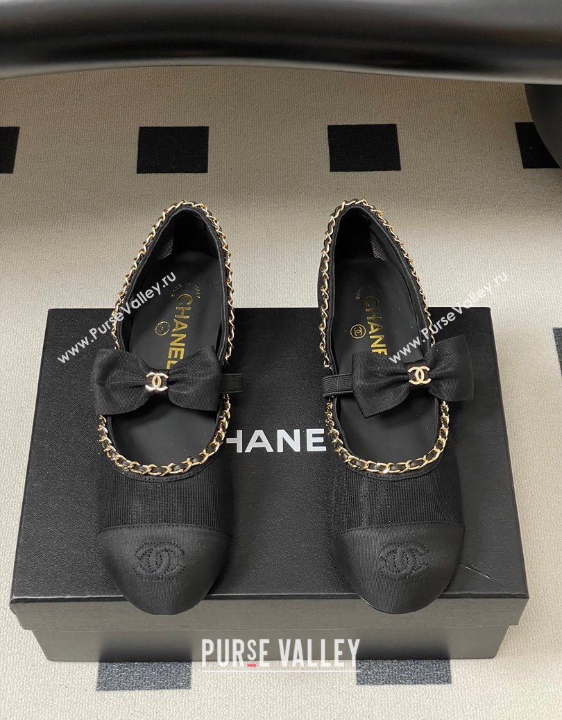 Chanel Mesh Grosgrain Mary Janes Ballets Flat with Bow and Chain Black 2025 G46701 (MD-251103055)