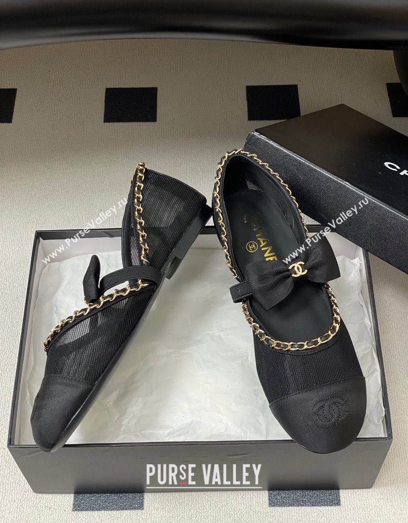 Chanel Mesh Grosgrain Mary Janes Ballets Flat with Bow and Chain Black 2025 G46701 (MD-251103055)