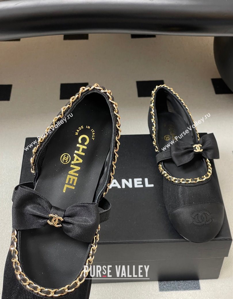 Chanel Mesh Grosgrain Mary Janes Ballets Flat with Bow and Chain Black 2025 G46701 (MD-251103055)