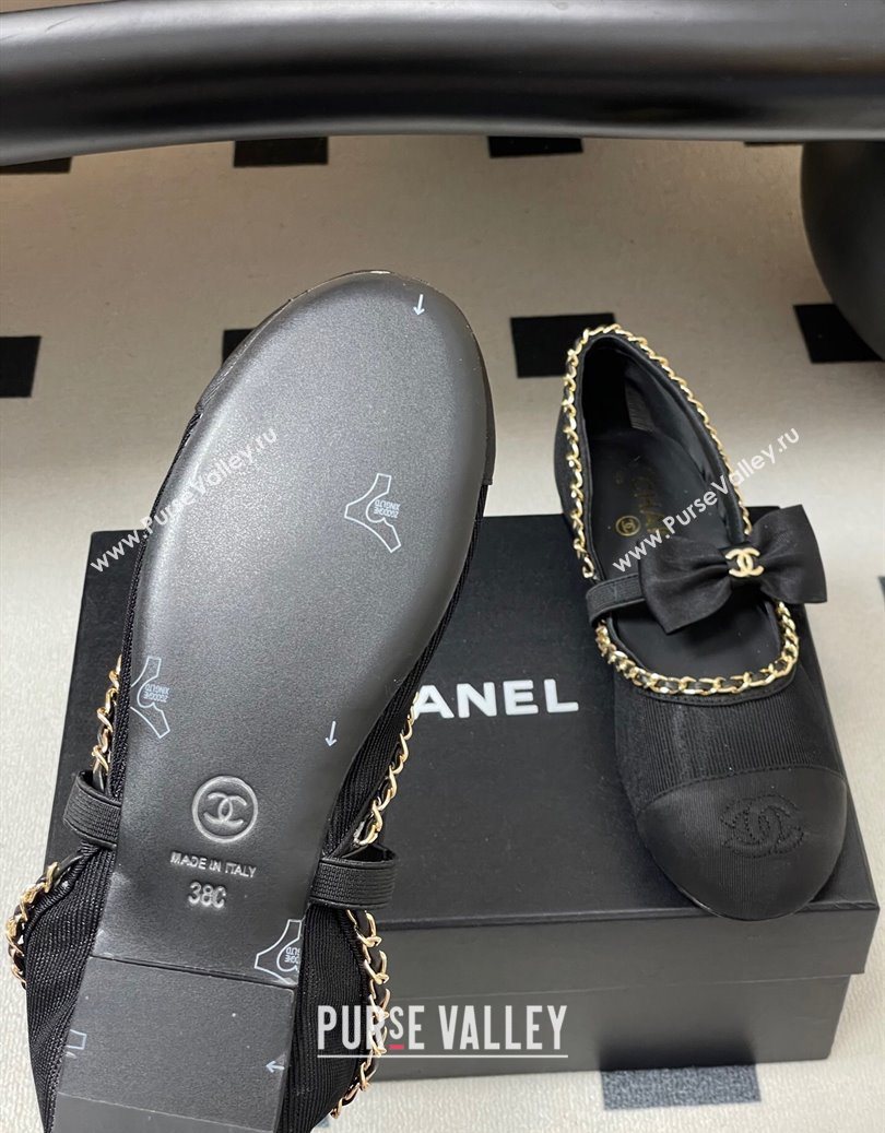 Chanel Mesh Grosgrain Mary Janes Ballets Flat with Bow and Chain Black 2025 G46701 (MD-251103055)