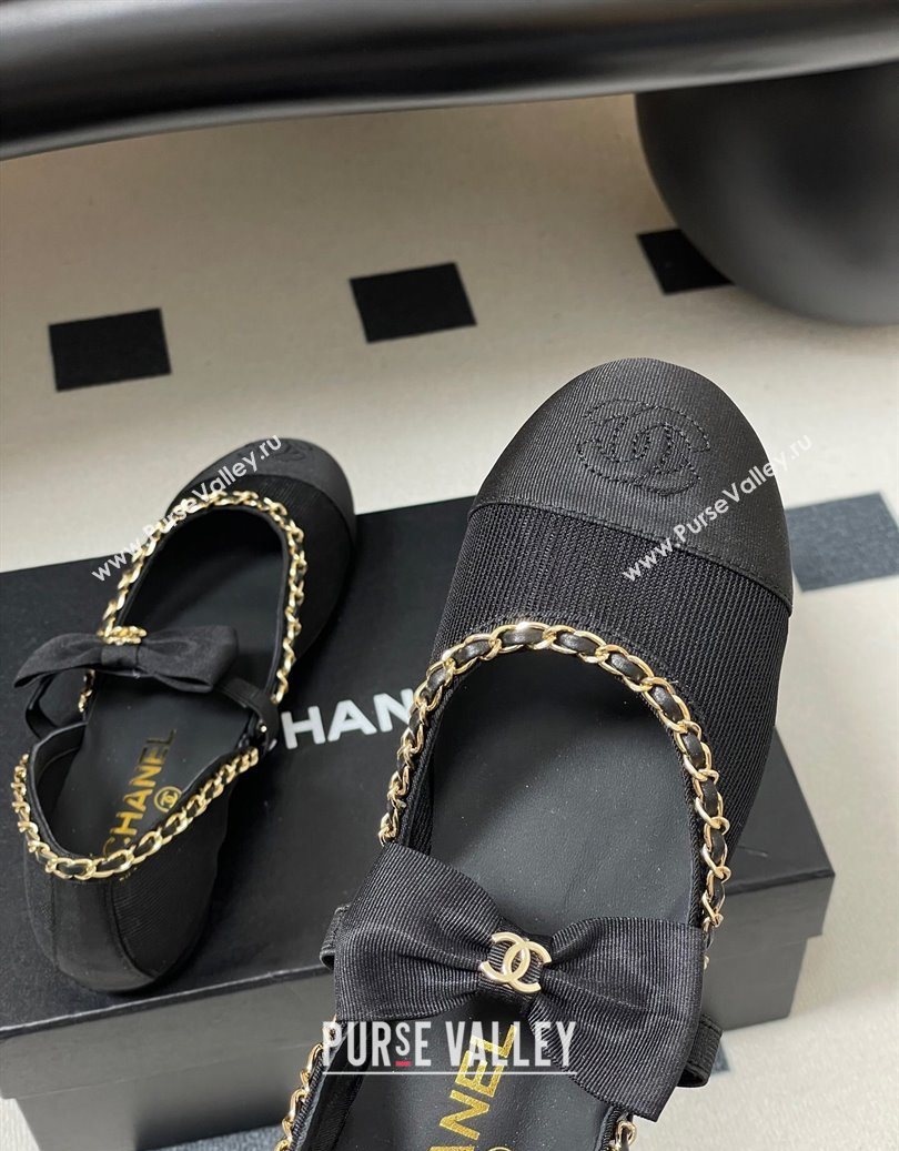 Chanel Mesh Grosgrain Mary Janes Ballets Flat with Bow and Chain Black 2025 G46701 (MD-251103055)