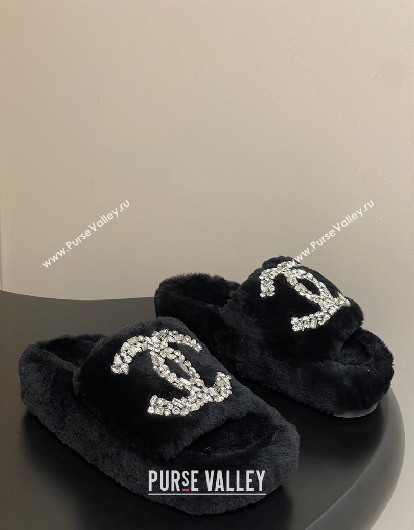 Chanel Wool Platform Slides Sandal with Strass CC Black 2025 CH110305 (MD-251103081)