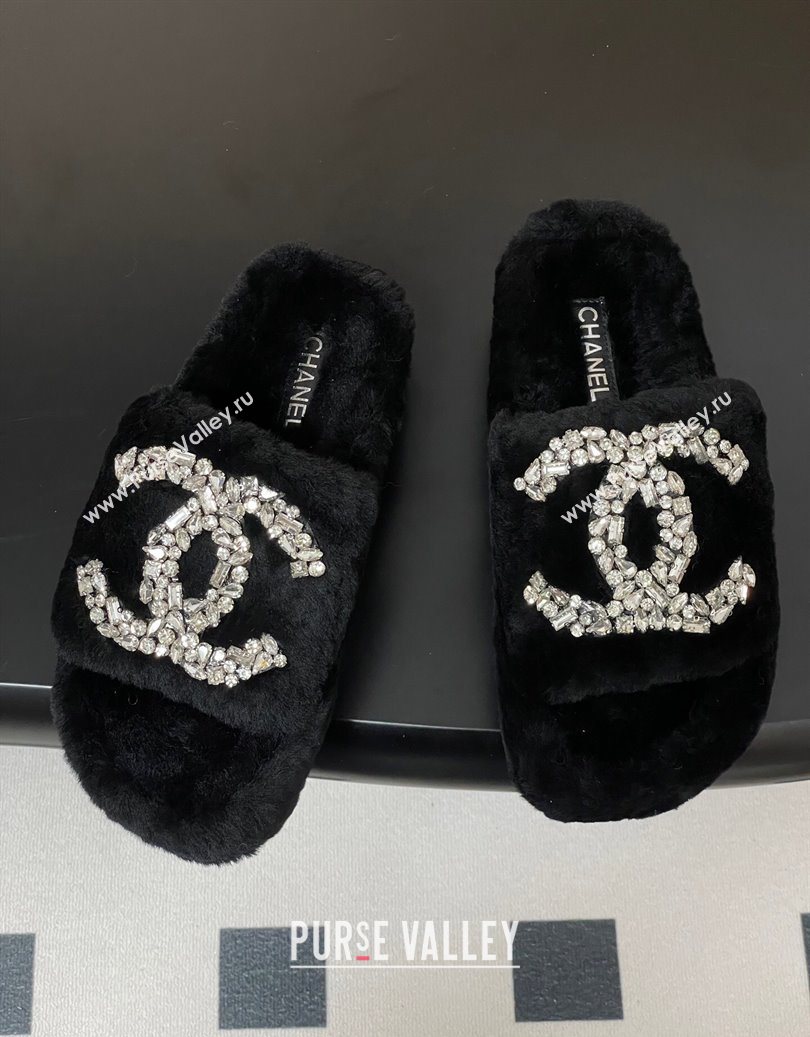 Chanel Wool Platform Slides Sandal with Strass CC Black 2025 CH110305 (MD-251103081)