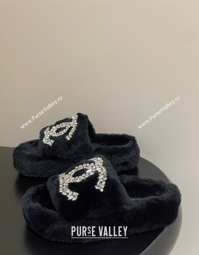 Chanel Wool Platform Slides Sandal with Strass CC Black 2025 CH110305 (MD-251103081)