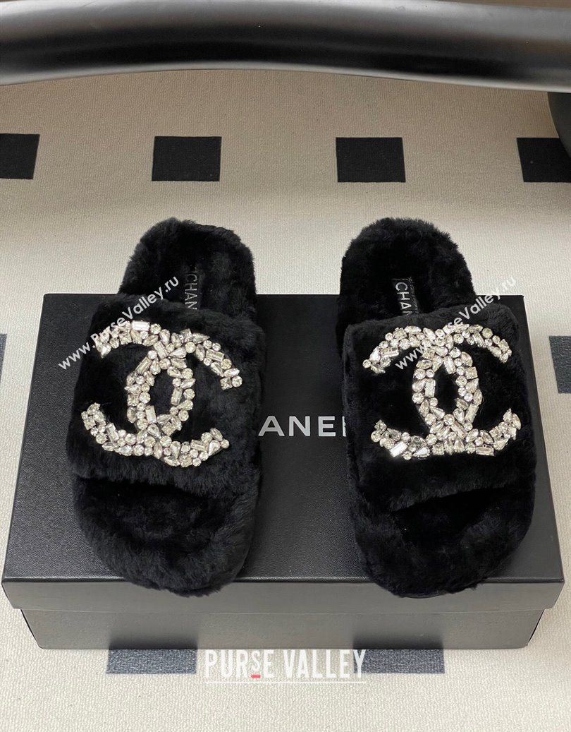 Chanel Wool Platform Slides Sandal with Strass CC Black 2025 CH110305 (MD-251103081)