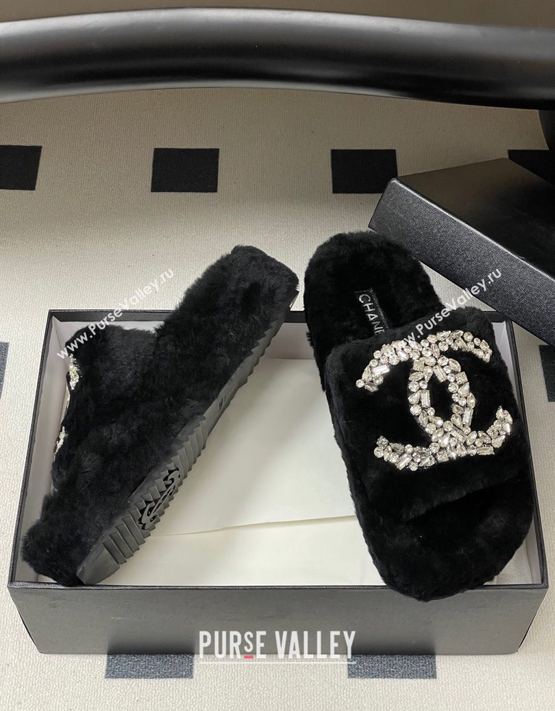 Chanel Wool Platform Slides Sandal with Strass CC Black 2025 CH110305 (MD-251103081)