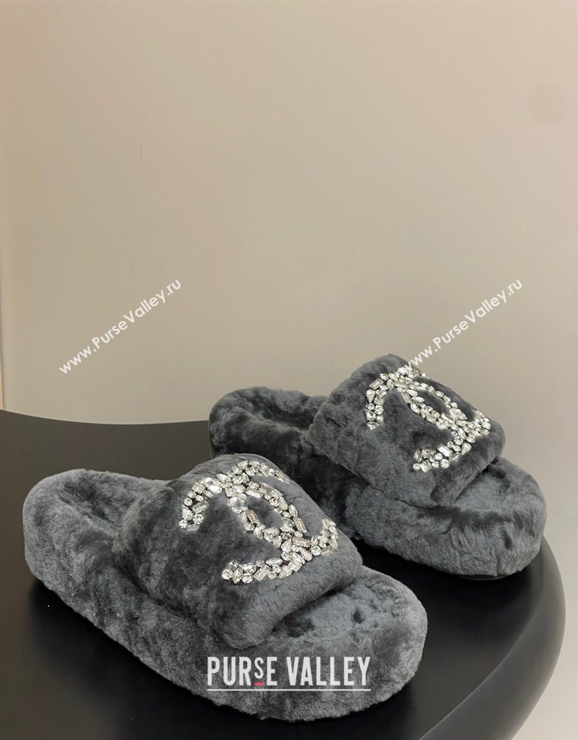 Chanel Wool Platform Slides Sandal with Strass CC Grey 2025 CH110305 (MD-251103083)