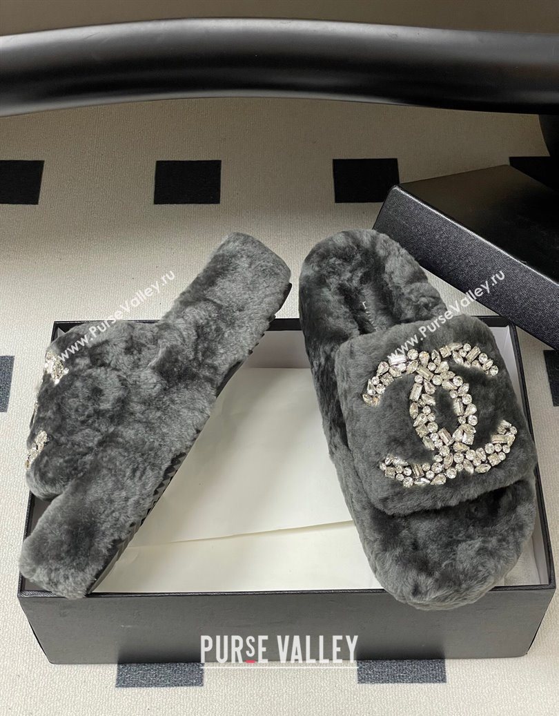 Chanel Wool Platform Slides Sandal with Strass CC Grey 2025 CH110305 (MD-251103083)