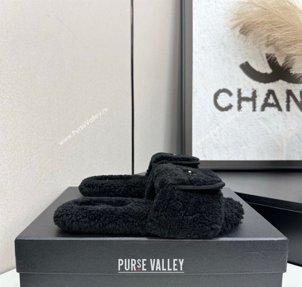 Chanel Shearling Wool Flat Slides Sandal with Foldover Black 2025 CH103106 (MD-251031128)