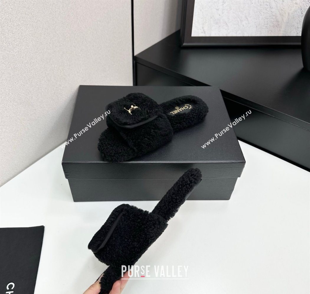 Chanel Shearling Wool Flat Slides Sandal with Foldover Black 2025 CH103106 (MD-251031128)