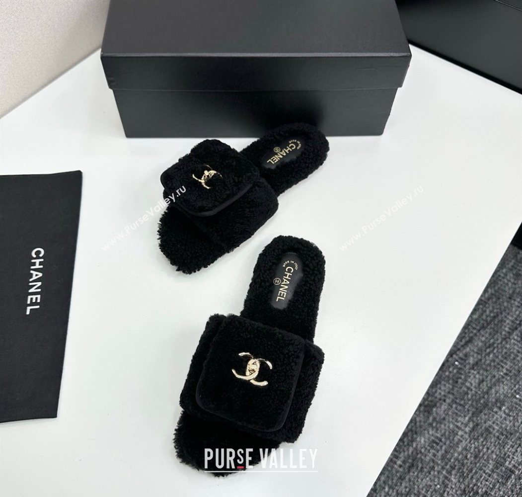 Chanel Shearling Wool Flat Slides Sandal with Foldover Black 2025 CH103106 (MD-251031128)