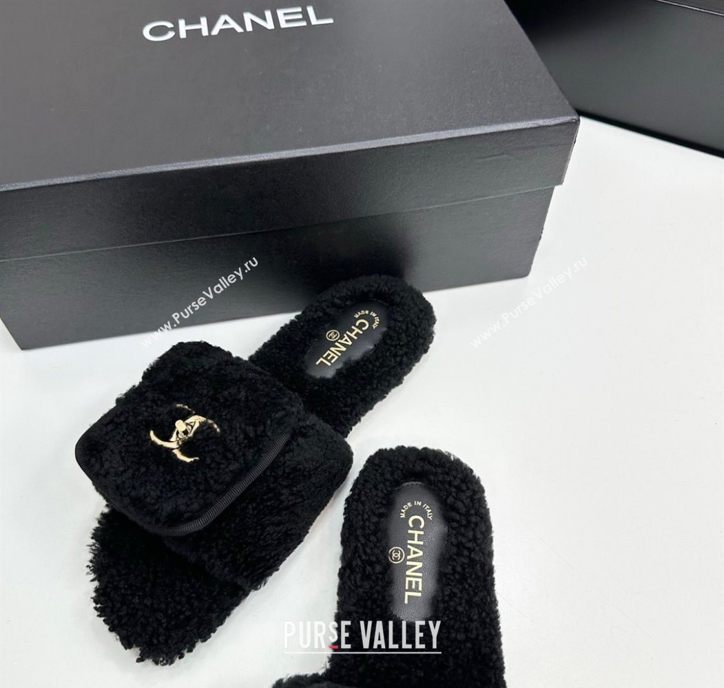 Chanel Shearling Wool Flat Slides Sandal with Foldover Black 2025 CH103106 (MD-251031128)