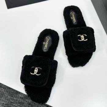 Chanel Shearling Wool Flat Slides Sandal with Foldover Black 2025 CH103106 (MD-251031128)