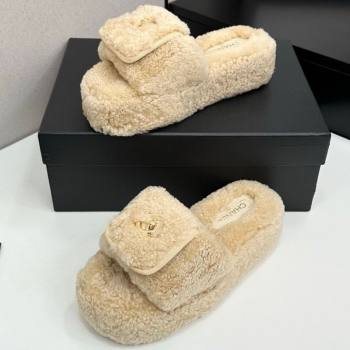 Chanel Shearling Wool Platform Slides Sandal with Foldover Beige 2025 CH103106 (MD-251031130)