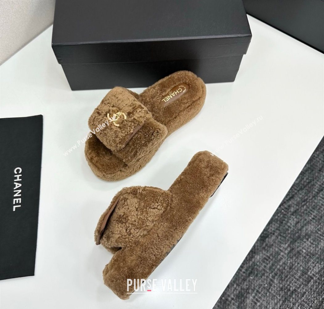 Chanel Shearling Wool Platform Slides Sandal with Foldover Brown 2025 CH103106 (MD-251031131)