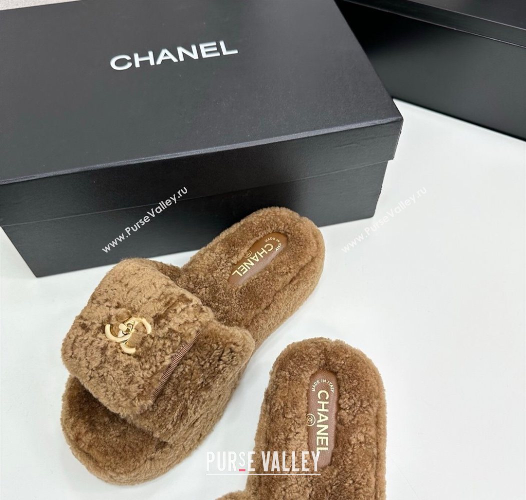 Chanel Shearling Wool Platform Slides Sandal with Foldover Brown 2025 CH103106 (MD-251031131)