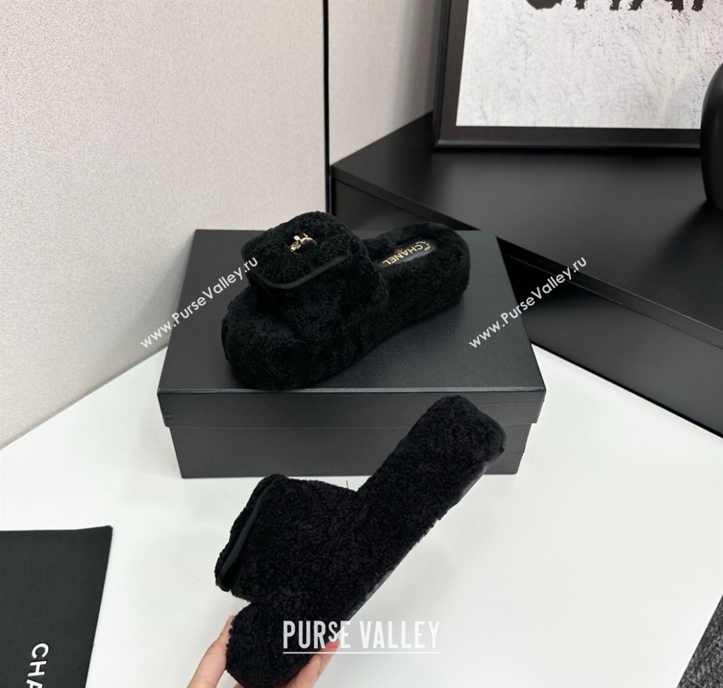 Chanel Shearling Wool Platform Slides Sandal with Foldover Black 2025 CH103106 (MD-251031132)