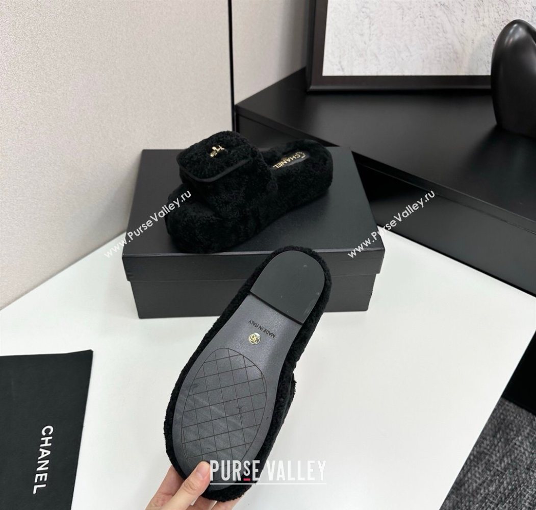 Chanel Shearling Wool Platform Slides Sandal with Foldover Black 2025 CH103106 (MD-251031132)