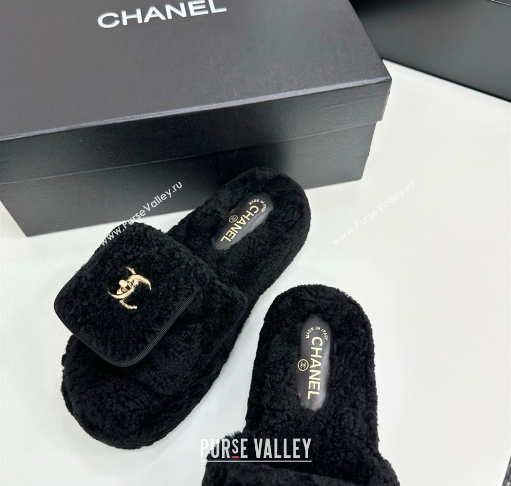 Chanel Shearling Wool Platform Slides Sandal with Foldover Black 2025 CH103106 (MD-251031132)