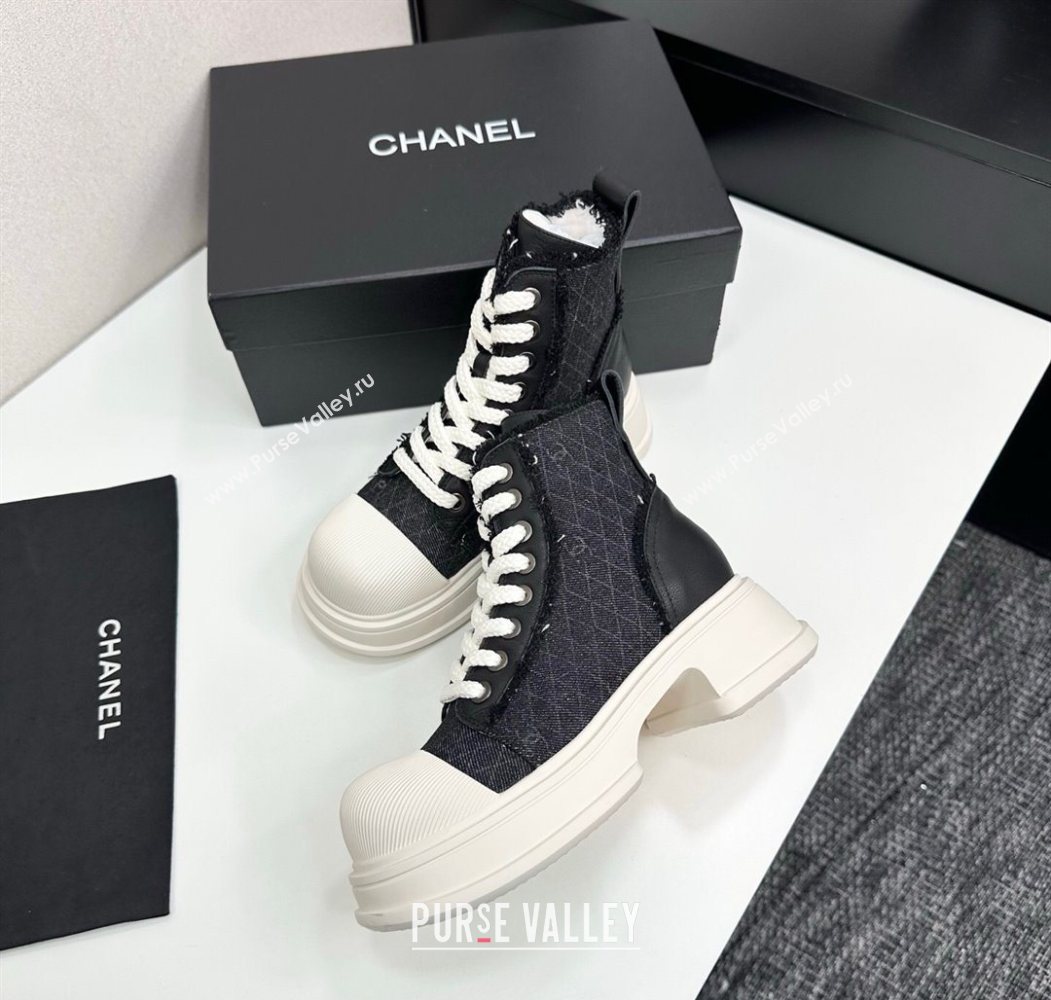 Chanel Quilted Denim and Fringe High Top Platform Sneakers Black/White 2025 CH110108 (MD-251101055)