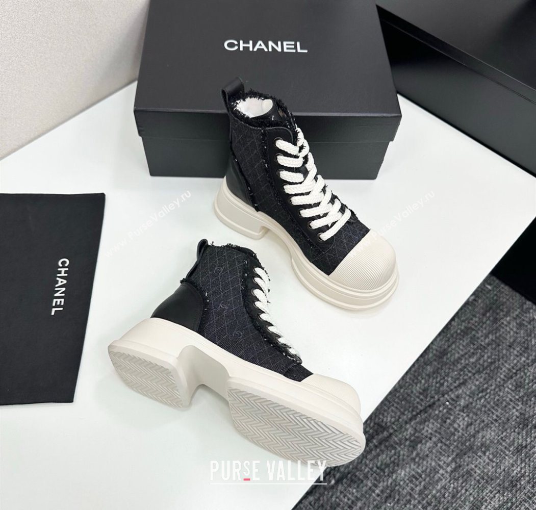 Chanel Quilted Denim and Fringe High Top Platform Sneakers Black/White 2025 CH110108 (MD-251101055)