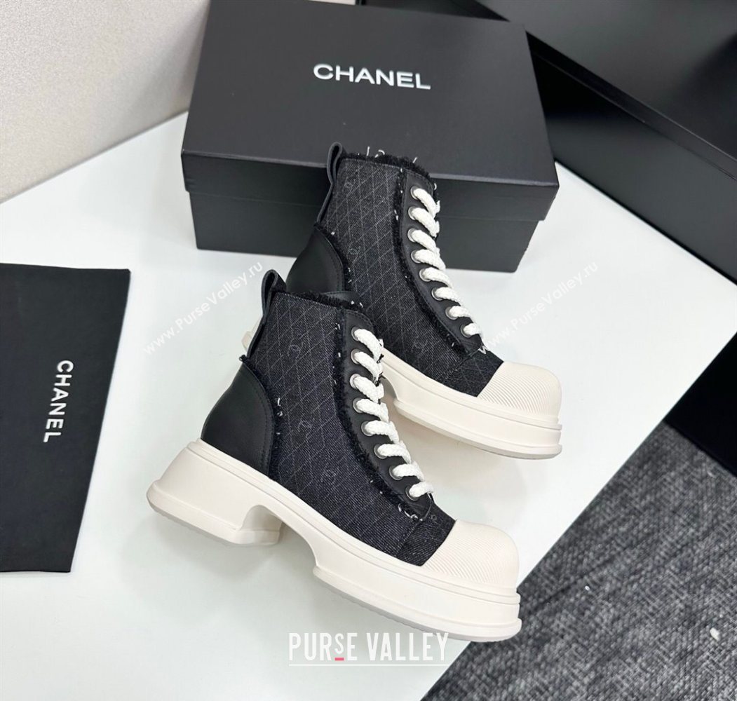 Chanel Quilted Denim and Fringe High Top Platform Sneakers Black/White 2025 CH110108 (MD-251101055)