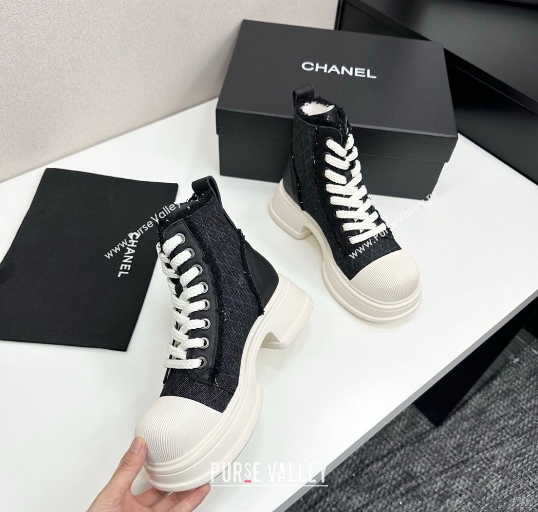 Chanel Quilted Denim and Fringe High Top Platform Sneakers Black/White 2025 CH110108 (MD-251101055)