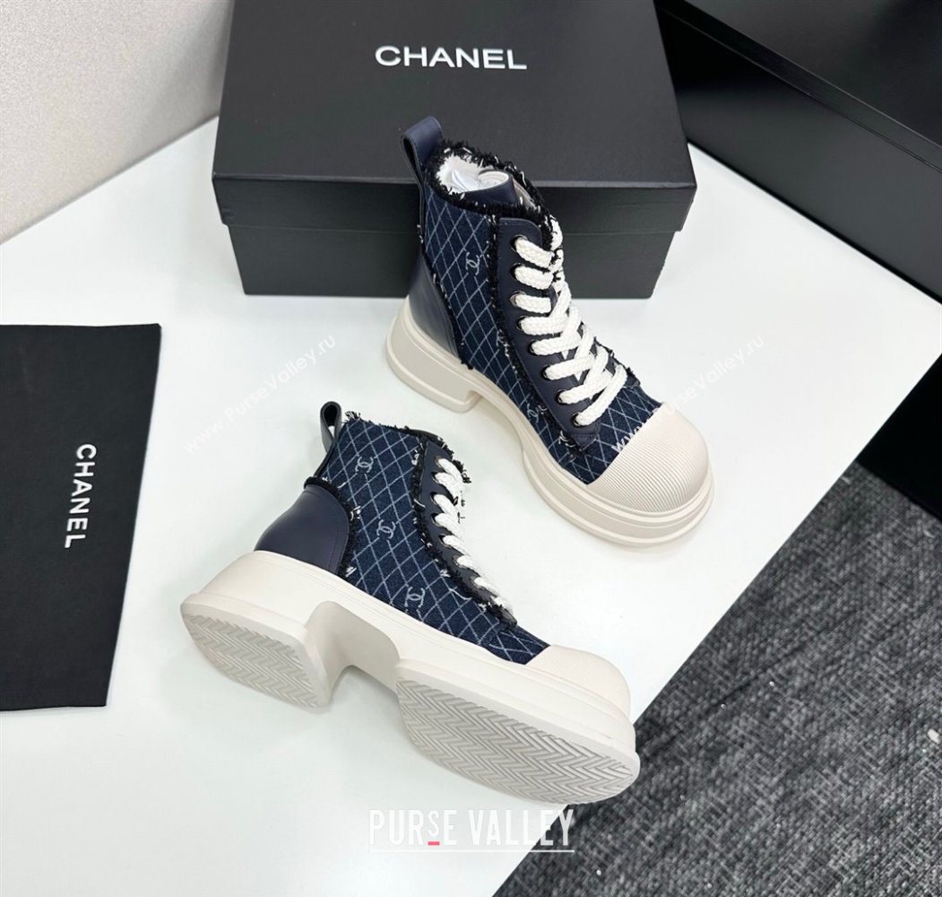 Chanel Quilted Denim and Fringe High Top Platform Sneakers Dark Blue 2025 CH110108 (MD-251101056)