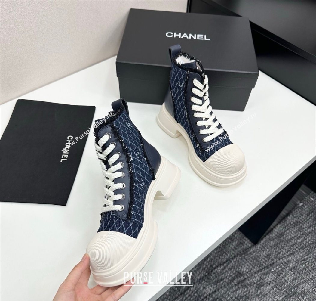 Chanel Quilted Denim and Fringe High Top Platform Sneakers Dark Blue 2025 CH110108 (MD-251101056)