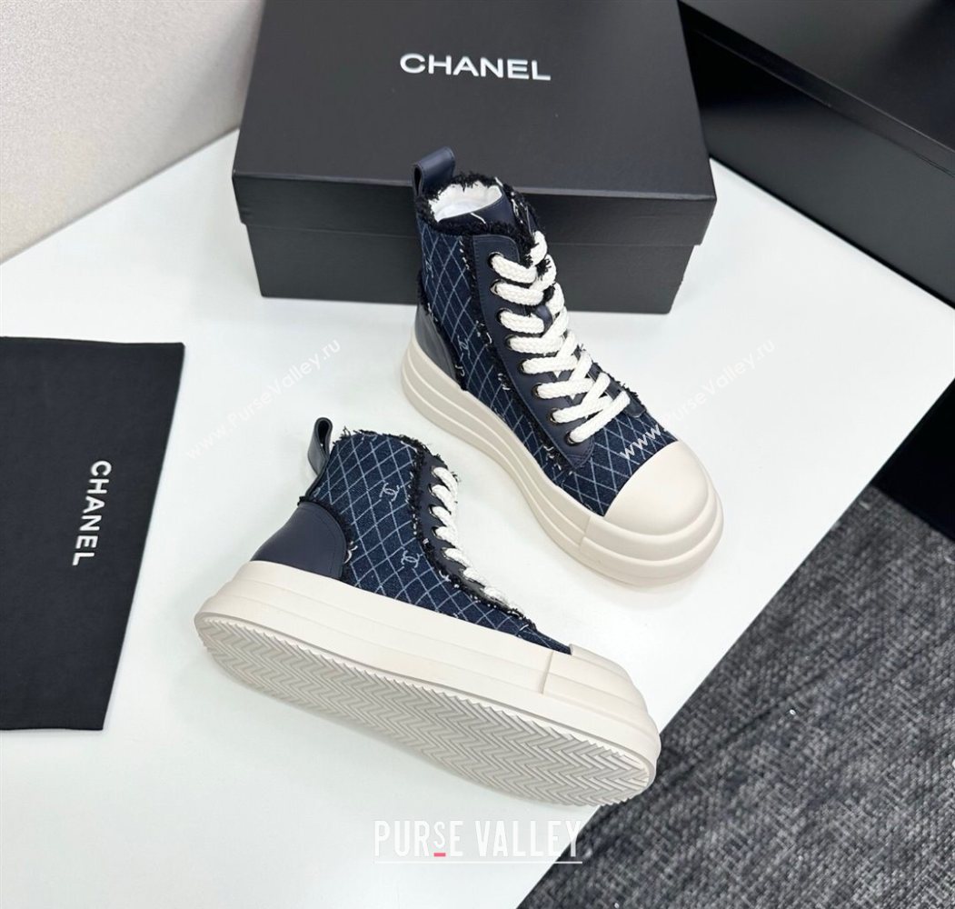 Chanel Quilted Denim and Fringe High Top Platform Sneakers Navy Blue 2025 CH110109 (MD-251101060)