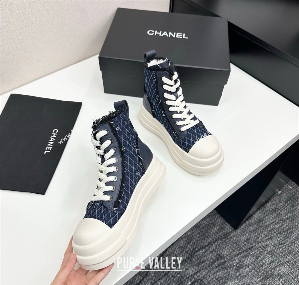 Chanel Quilted Denim and Fringe High Top Platform Sneakers Navy Blue 2025 CH110109 (MD-251101060)
