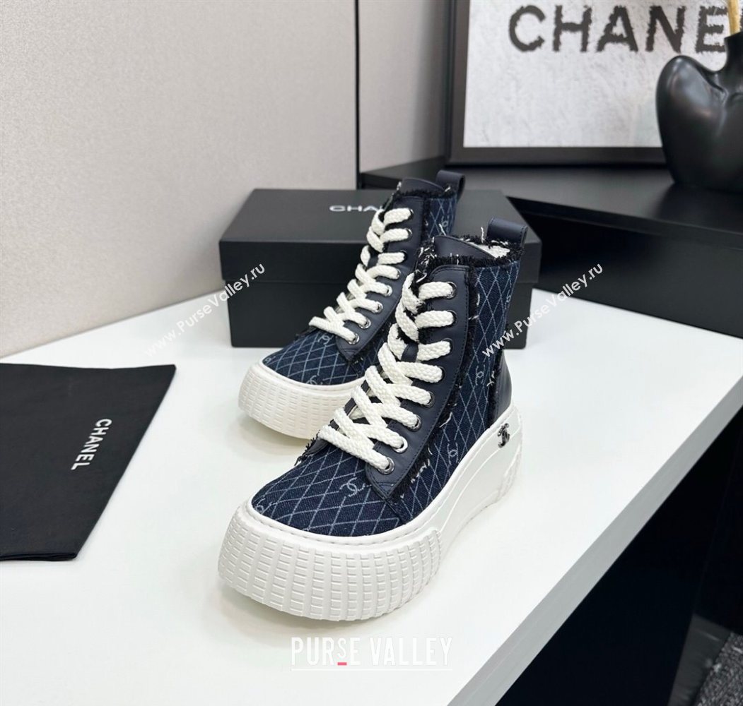 Chanel Quilted Denim and Fringe High Top Platform Sneakers Navy Blue 2025 CH110110 (MD-251101065)
