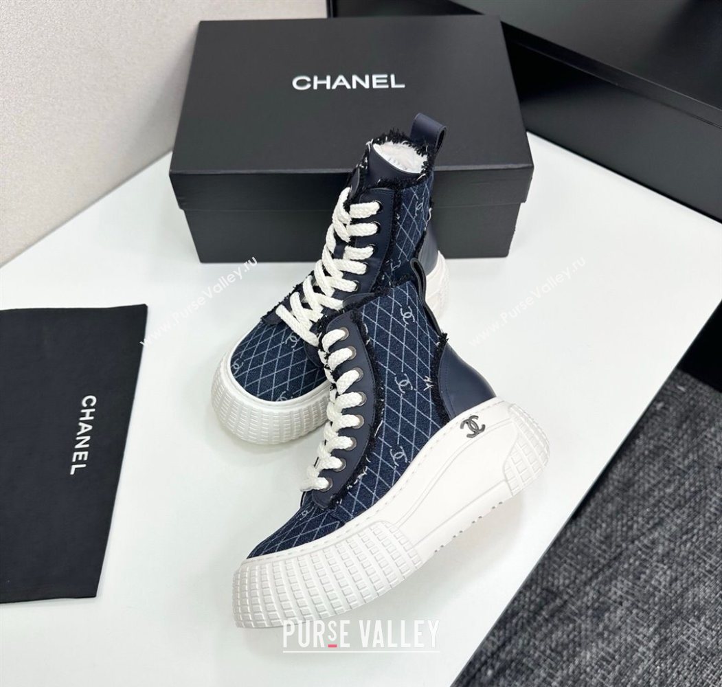 Chanel Quilted Denim and Fringe High Top Platform Sneakers Navy Blue 2025 CH110110 (MD-251101065)