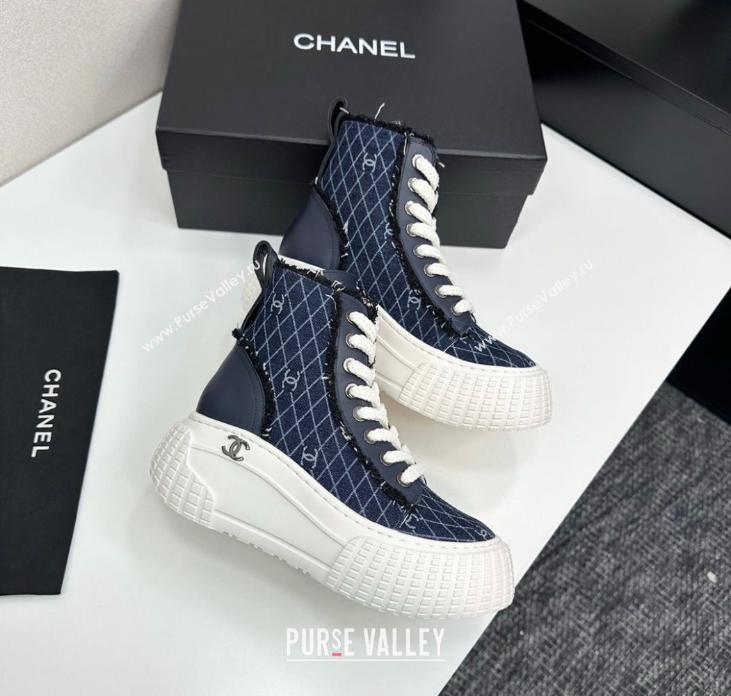 Chanel Quilted Denim and Fringe High Top Platform Sneakers Navy Blue 2025 CH110110 (MD-251101065)