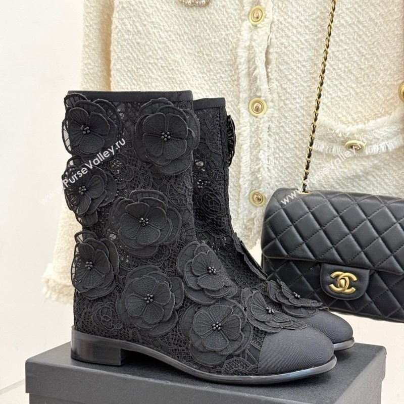 Chanel Mesh Rose Bloom Flat Ankle Boots Black 2025 CH110411 (MD-251104056)