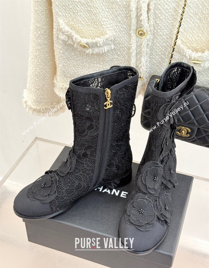 Chanel Mesh Rose Bloom Flat Ankle Boots Black 2025 CH110411 (MD-251104056)