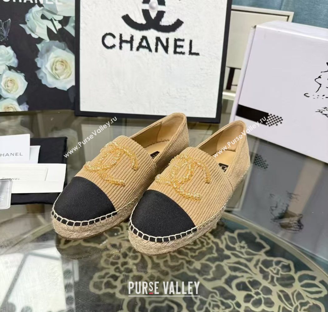 Chanel Corduroy  Grosgrain Flat Espadrilles Beige 2025 G46515 (JDF-251031084)