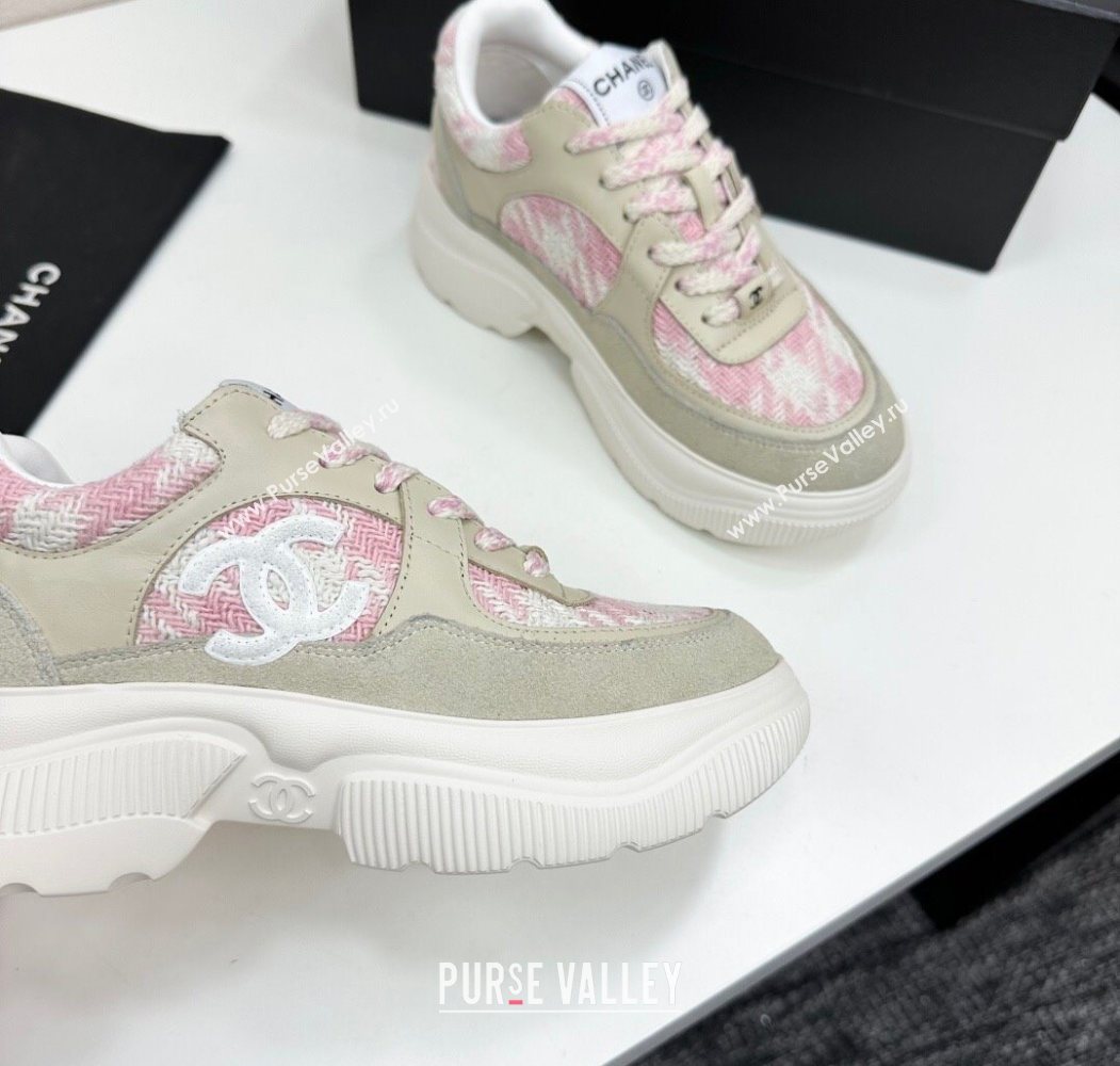 Chanel Calfskin Leather, Suede and Tweed Platform Sneakers Green/Pink 11 2025 CH110102 (MD-251101011)