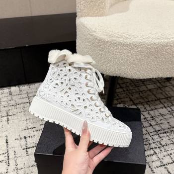 Chanel Openwork Calfskin Leather and Wool High Top Sneakers White 2025 CH110101 (MD-251101002)