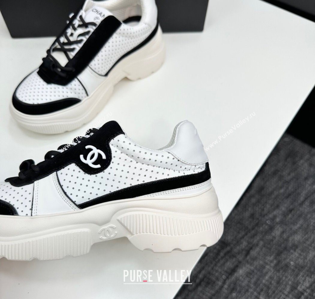 Chanel Perforated Calfskin Leather Platform Sneakers White/Black 18 2025 CH110102 (MD-251101018)